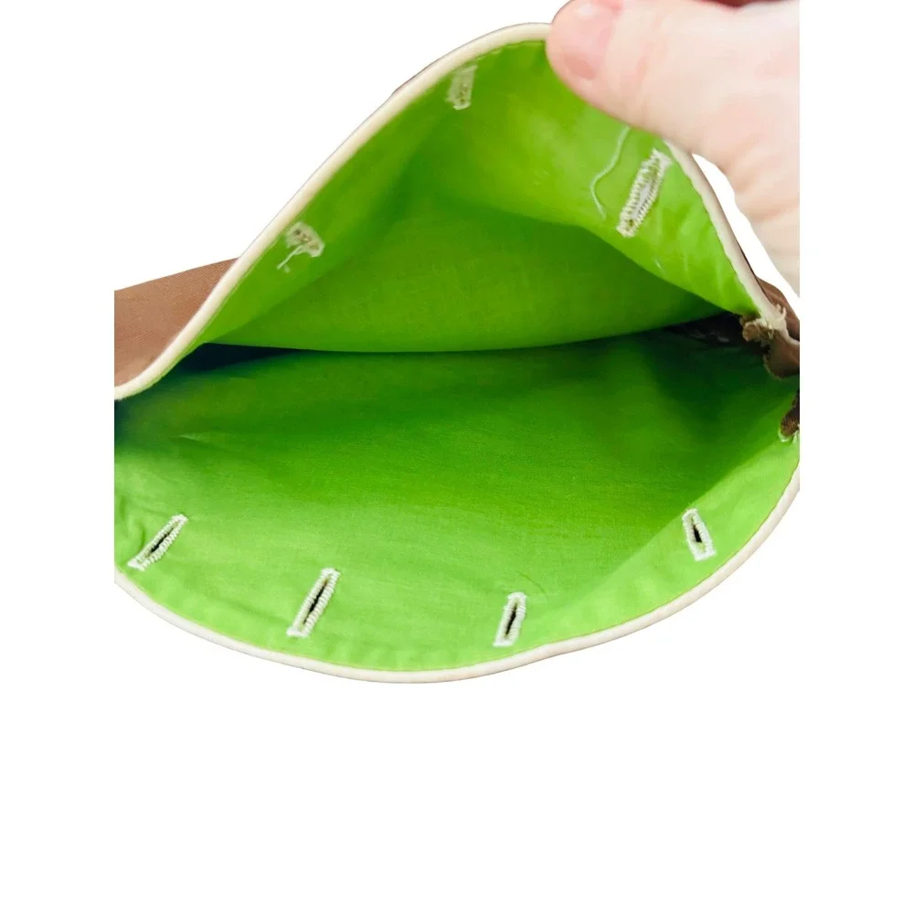 Round‎ Brown Pouch Bag with Green Interior 4-button